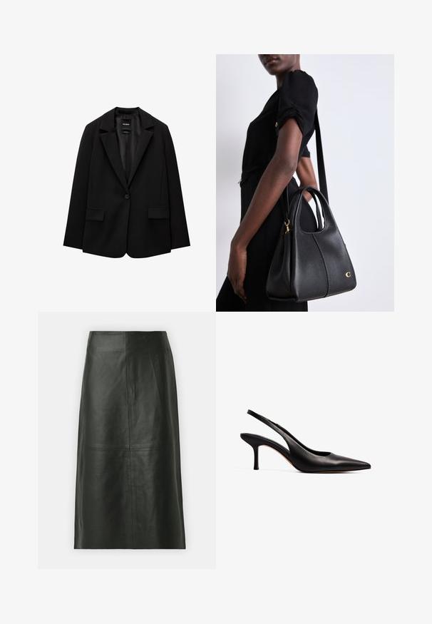 Čierny blejzer vyrobený z hladkej tkaniny s jedným gombíkom, klapkovými nohavicami a dvomi prednými vreckami. Minimalistický dizajn, strih na mieru.; Čierny top s dlhým rukávom a bez ramienok vyrobený z mäkkej tkaniny, disponujúci voľným strihom a hladkou textúrou. Žiadne viditeľné vzory alebo akcenty.; Čierna kožená midi sukňa so rovnými línijami. Hladká štruktúra, minimálne švy a priliehavý pás. Žiadne viditeľné vrecká ani ďalšie detaily.; NA-KD Klasické lodičky na opätku - black; Čierna kožená kabelka v tvare hobo, s hladkým povrchom, zaobleným vrchom a zlatými kovovými doplnkami.