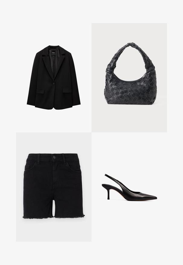 Črn blazer iz gladkega blaga z zapiranjem na en gumb, zarezanimi reverji in dvema sprednjima žepoma. Minimalističen dizajn, krojen pristen fit.; Črna off-the-shoulder majica z dolgimi rokavi, izdelana iz mehkega materiala, z ohlapnim krojem in gladko teksturo. Brez vidnih vzorcev ali okraskov.; Črne denim kratke hlače s prilegajočim pasom, razfrikanimi robovi in klasičnim petim žepnim dizajnom. Tkanina je gladka z rahlo elastičnostjo.; NA-KD Klasične pete - black; Črna usnjena torba za čez ramo z pletenim vzorcem, zaobljenim ročajem in oblika crescent na enobarvni podlagi.