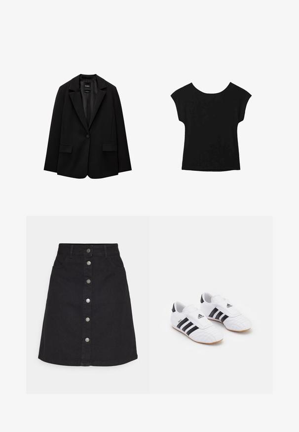 Čierny blejzer vyrobený z hladkej tkaniny s jedným gombíkom, klapkovými nohavicami a dvomi prednými vreckami. Minimalistický dizajn, strih na mieru.; Čierny krátky rukáv s širokým výstrihom a voľným strihom. Vyrobené z mäkkej látky bez viditeľných vzorov alebo ozdôb.; Čierna džínsová sukňa s vertikálnym zapínaním na gombíky a piatimi vreckami. Má rovný strih a lem, vyrobená z odolnej bavlnenej tkaniny.; Biele športové topánky s čiernymi pruhmi, so semišovou štruktúrou, okrúhlou špičkou a suchým zipsom. Gumová podrážka pre trakciu.
