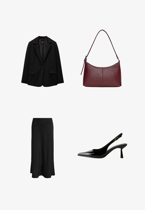 Sort blazer lavet af glat stof med enkelt knaplukning, klaplapper og to frontlommer. Minimalistisk design, skræddersyet pasform.; Hvid T-shirt lavet af blødt, let stof. Har en rund halsudskæring og korte, brede ærmer med en afslappet pasform. Ingen synlige mønstre.; Sort nederdel lavet af glat stof; har en tætsiddende talje og en udflydende kant, hvilket skaber en slank, lige silhuet uden synlige lukkemekanismer.; Sorte patenterede lædersandaletter med spids tå, udskårne sider, justerbar ankelstrop og en tynd, slank hæl.; Kastanjebrun læderhåndtaske med en buet form, en enkelt skulderrem og syninger i midten. Glat tekstur, minimal hardware.