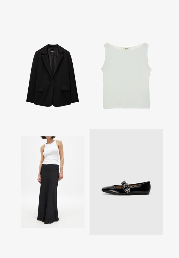 Musta bleiseri, joka on valmistettu sileästä kankaasta, yksittäisellä nappikiinnityksellä, viistetyt kaulukset ja kaksi etutaskua. Minimalistinen muotoilu, istuva leikkaus.; Valkoinen hihaton paita, jossa on pyöreä kaula-aukko, tehty sileästä kankaasta. Ominaisuuksiin kuuluu rento leikkaus ja suora helma. Ei näkyviä kuvioita tai yksityiskohtia.; Musta lattiahiha kirjoitus, joka on valmistettu sileästä kankaasta, tiukalla vyötäröllä ja lievällä laajenemisella helman suuntaan. Yhdistetty valkoiseen hihattomaan puseroon.; Musta patentoitu nahkainen tasapohjainen kenkä, jossa on terävä kärki ja säädettävä hihna, jossa on hopeisia yksityiskohtia ja pyöreitä aukkoja.