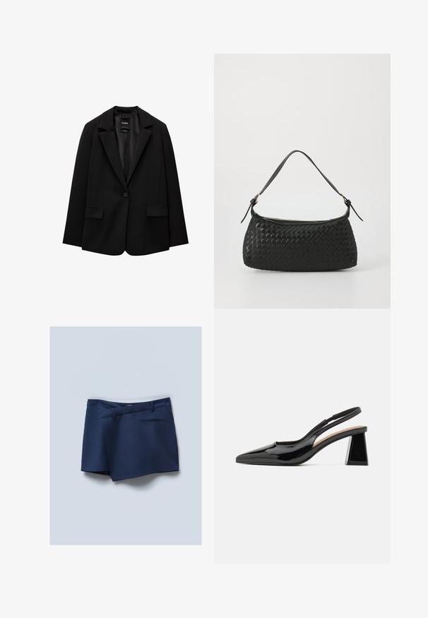 Črn blazer iz gladkega blaga z zapiranjem na en gumb, zarezanimi reverji in dvema sprednjima žepoma. Minimalističen dizajn, krojen pristen fit.; Mornarsko modra velika majica s kontrastnim kremnim rebrastim ovratnikom. Kratki rokavi in sproščen kroj. Narejena iz mehkega bombažnega materiala.; Mornarsko modri šortisi z ravnim sprednjim delom, stranskimi žepi in zadnjim žepom. Gladek material z urejenim videzom in šivi.; Črne lakaste sandale s peto in ostrim nosom, ki imajo edinstveno geometrijsko blok panto. Gladka tekstura. Prilagodljiv trak za podporo.; Črna tkana torba za ramo s gladkim usnjenim trakom in zadrgo. Ima teksturirano površino in ukrivljeno obliko.