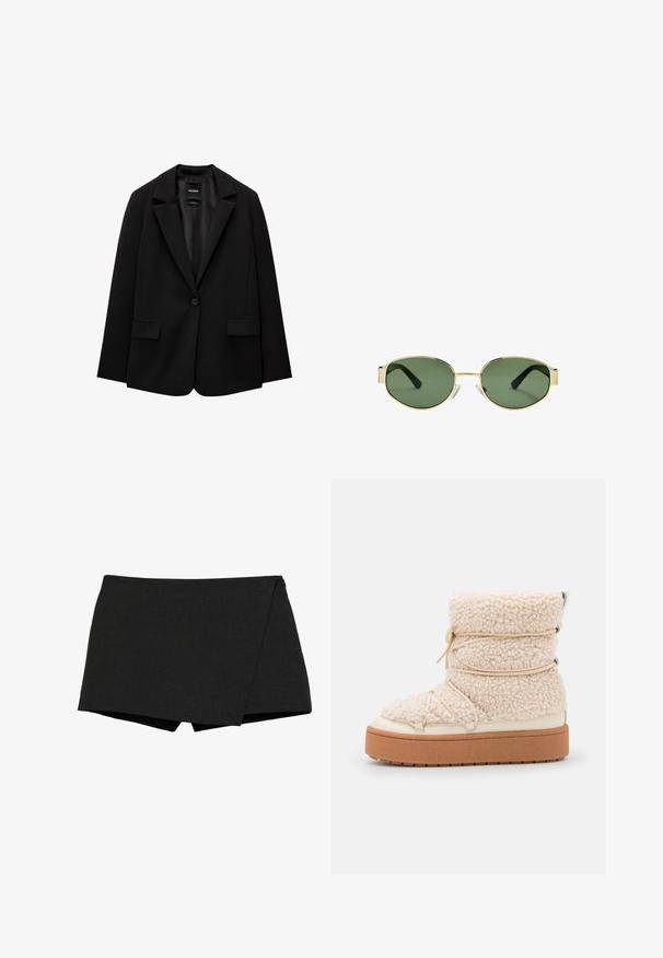 Schwarzer Blazer aus glattem Stoff mit einem Knopfverschluss, abgesetztem Revers und zwei vorderen Taschen. Minimalistisches Design, taillierte Passform.; Schwarzes Tanktop mit quadratischem Ausschnitt, aus glattem Baumwollstoff, mit breiten Trägern und figurbetontem Schnitt.; Schwarze, leichte Shorts mit Wickeldesign. Sie verfügen über eine glatte Textur und saubere Kanten. Gerade Säume und keine sichtbaren Verschlüsse.; Stämmige, cremefarbene Shearling-Ankle-Boots mit strukturierter Oberfläche, elastischen Details und einer dicken braunen Plattformsohle. Akzente aus silbernem Metall sind vorhanden.; Sonnenbrille mit goldfarbenem Metallrahmen, grünen getönten Gläsern, ovaler Form, schwarzen Bügeln und klaren Nasenpads. Sauberes, minimalistisches Design.