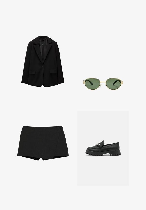 Crna jakna od glatkog materijala s jednom dugmadi, s urezanim reverima i dva prednja džepa. Minimalistički dizajn, kroj prilagođen figuri.; Crni top s kvadratnim izrezom, izrađen od glatkog pamučnog materijala, s debelim trakama i prilagođenim siluetom.; Crne, lagane kratke hlače s preklopnim dizajnom. Odlikuju se glatkom teksturom i čistim rubovima. Ravni rub i bez vidljivih kopči.; Crne kožne mokasine s okruglim nosom, s naglaskom na kopču i debelim, izrezbarenim potplatom. Glatka tekstura s minimalnim detaljima šivanja.; Smešak sunčanih naočala s okvirom zlatne boje i zelenim nijansama, ovalnog oblika, crnim drškama i prozirnim jastučićima za nos. Čist, minimalistički dizajn.