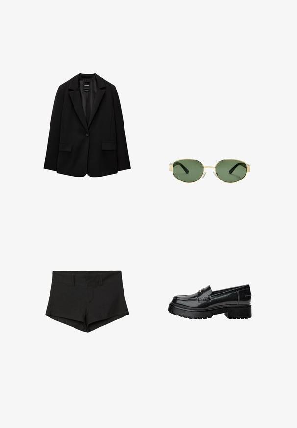 Black blazer made of smooth fabric with a single button closure, notched lapels, and two front pockets. Minimalist design, tailored fit.; Black tank top with a square neckline, made of smooth cotton fabric, featuring thick straps and a fitted silhouette.; Black cotton shorts with a fitted design, featuring a high waistband and side pockets. The fabric has a smooth texture and minimal seams.; Black patent leather loafers with a chunky sole, featuring a decorative strap and subtle stitching detail. Rubber texture on the outsole.; Gold metal-framed sunglasses with green tinted lenses, oval shape, black temples, and clear nose pads. Clean, minimalist design.