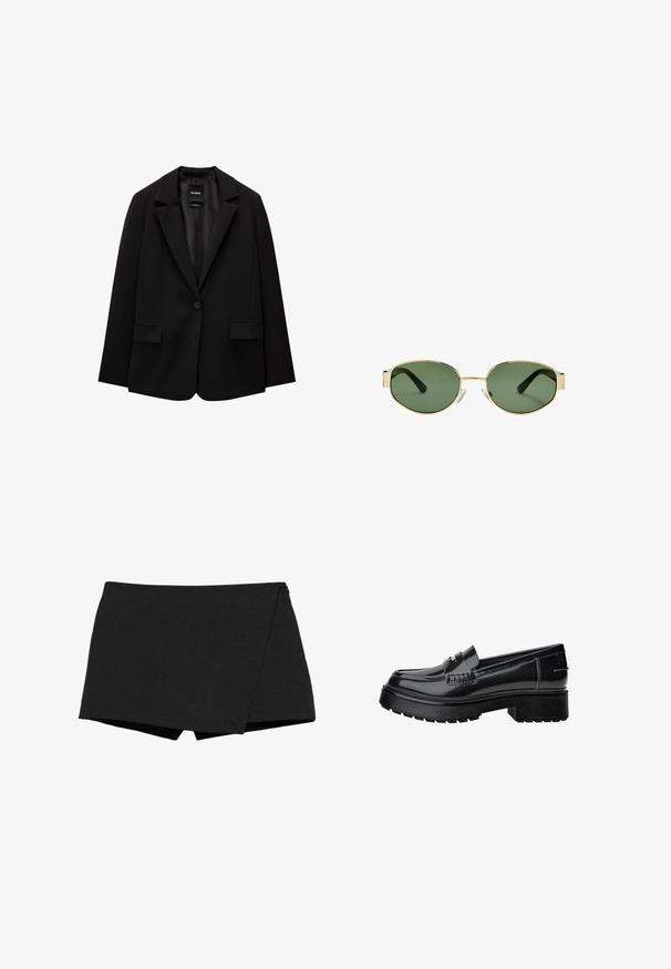 Blazer nero realizzato in tessuto morbido con chiusura a un bottone, revers a punta e due tasche frontali. Design minimalista, vestibilità sartoriale.; Top nero senza maniche con scollatura quadrata, realizzato in morbido tessuto di cotone, con spalline larghe e una silhouette aderente.; Shorts neri, leggeri, con un design avvolgente. Presentano una texture liscia e bordi puliti. Orlo diritto e senza chiusure visibili.; Mocassini in vernice nera con suola spessa, caratterizzati da una fascia decorativa e dettagli di cucitura discreti. Texture gommoso sulla suola.; Occhiali da sole con montatura dorata e lenti verdi, forma ovale, stanghette nere e naselli trasparenti. Design pulito e minimalista.