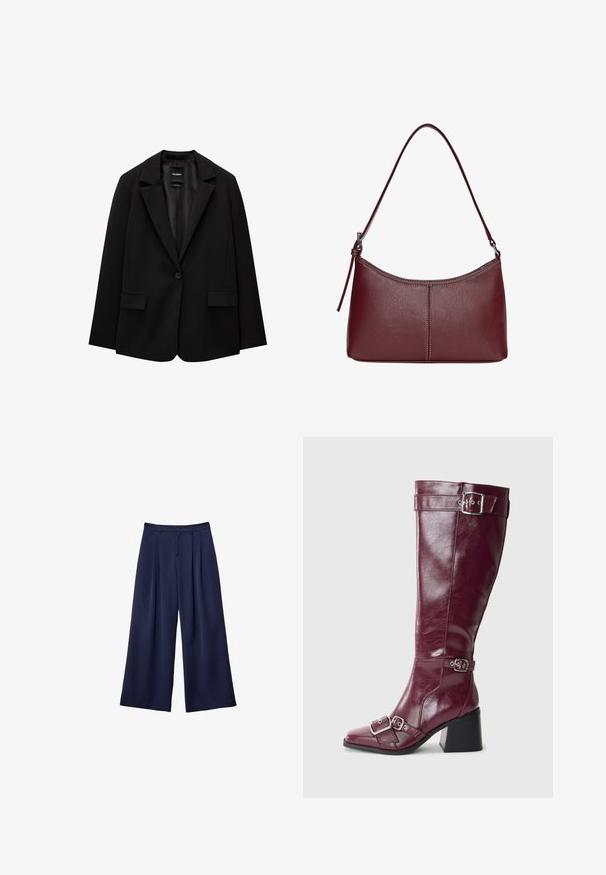 Crna jakna od glatkog materijala s jednom dugmadi, s urezanim reverima i dva prednja džepa. Minimalistički dizajn, kroj prilagođen figuri.; Crna kratka majica s kratkim rukavima i okruglim izrezom, jednostavnog dizajna, položena na ravnu bijelu podlogu.; Tamnoplave široke hlače s plitkim naborima, s gumbom u struku i petljama za remen, prikazane ravno na bijeloj pozadini.; Bordo kožne čizme do koljena s uskim vrhom, srebrnim kopčama i blok petom. Imaju glatku, sjajnu teksturu.; Bordo kožna torba s zakrivljenim oblikom, jednim remenom za rame i šivenim detaljima na sredini. Glatka tekstura, minimalni dodaci.