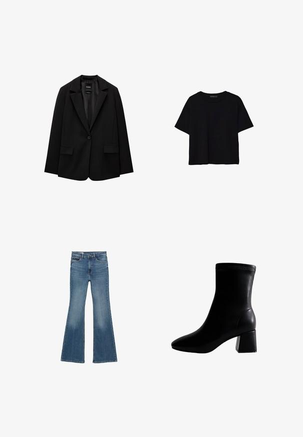 Blazer nero realizzato in tessuto morbido con chiusura a un bottone, revers a punta e due tasche frontali. Design minimalista, vestibilità sartoriale.; T-shirt nera a maniche corte corta con scollo rotondo e design semplice, stesa su uno sfondo bianco.; Jeans a zampa in denim blu medio. Presentano una vita alta, design a cinque tasche, leggera scoloritura e orlo cucito.; Stivale alla caviglia in pelle nera con punta affilata, parte superiore testurizzata e tacco quadrato massiccio. Finitura liscia con cuciture nella parte superiore.