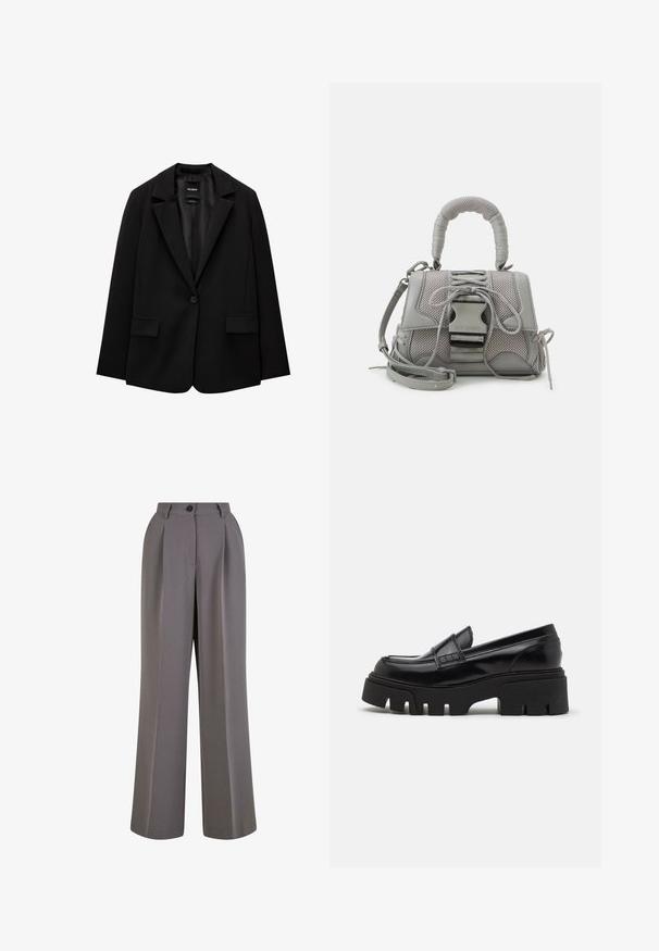 Zwarte blazer van gladde stof met een enkele knoopsluiting, notch-lapels en twee voorzakken. Minimalistisch ontwerp, getailleerde pasvorm.; Witte geribbelde tanktop, met brede schouderbanden en een getailleerd ontwerp, gecombineerd met hoge zwarte broeken en een zwarte riem.; Grijze broek met wijde pijpen, voorzien van voorplooien, een enkele knoopsluiting en zijzakken. Soepele stof en een net ontwerp.; Zwarte leren loafers met een chunky, gestructureerde platformzool en een decoratieve strap over de bovenkant. Gladde, glanzende afwerking.; Grijze handtas met textuur, voorzien van een gevoerde handgreep, gaasaccenten, verstelbare schouderband en een sluiting aan de voorkant. Compact ontwerp met een ronde vorm.