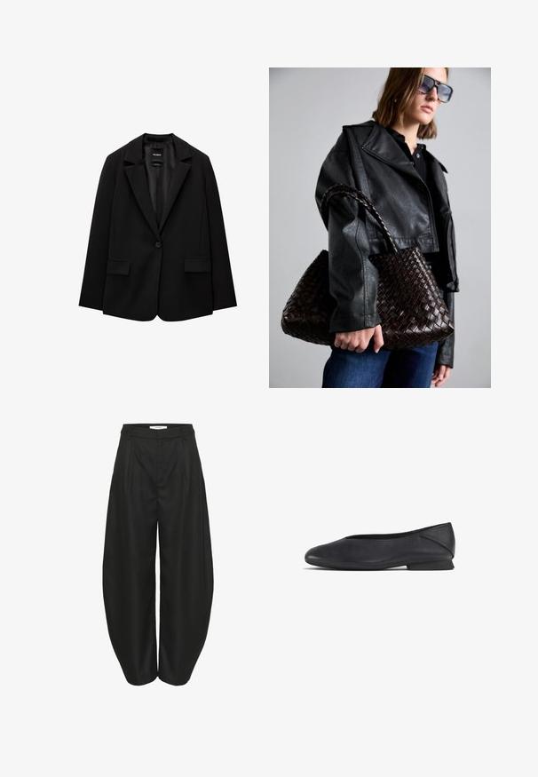 Fekete blézer sima szövetből, egy gombos záródással, bemetszett gallérral és két elülső zsebbel. Minimalista dizájn, testreszabott fazon.; Fekete pántos felső kerek nyakkivágással és dupla pántos kialakítással. Rozsdás anyagból készült, sima felülettel, egyenes szegéllyel.; Fekete, magas derekú, bő szárú nadrág redőkkel, övhurkokkal és rejtett előlappal, a Gestuz tervezésében.; Fekete bőr lapossarkú cipő, kerek orral és alacsony sarkával, amely akár hétköznapi, akár formális viseletre készült.; DRAGON DIFFUSION SANTA CROCE BIG - Kézitáska - dark brown