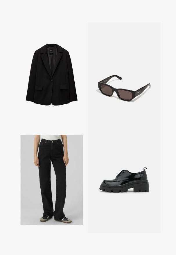 Črn blazer iz gladkega blaga z zapiranjem na en gumb, zarezanimi reverji in dvema sprednjima žepoma. Minimalističen dizajn, krojen pristen fit.; Rjava polo majica z dolgimi rokavi, obdarjena s горизонталnimi belimi črtami, kontrastnim belim ovratnikom in plaketom s tremi gumbi. Mehka tekstura tkanine.; Črne kavbojke z visokim pasom in ravnim krojem, narejene iz denima, z dvema sprednjima žepoma in brass okrasnimi detajli.; Črne lakaste usnjene čevlje z debelim platformnim podplatom in debelimi vezalkami. Okrogla špička, minimalno okrasje in majhen jeziček na hrbtu.; Črne pravokotne sončne očala s temnimi lečami. Imajo gladek plastičen okvir in detajl logotipa na tempeljih. Čist, sodoben dizajn.; Burgundska torbica iz sintetičnega materiala z strukturirano zasnovo, opremljena z odstranljivim pasom in cvetličnim šalom, privezanim na ročaju.