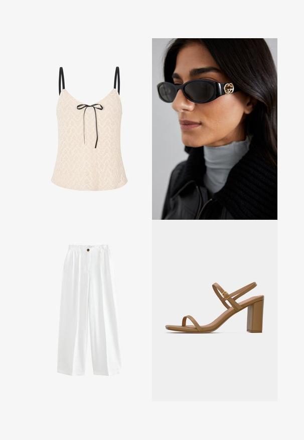 Blazer nero realizzato in tessuto morbido con chiusura a un bottone, revers a punta e due tasche frontali. Design minimalista, vestibilità sartoriale.; Top in pizzo color beige chiaro con motivo a zigzag, dotato di spalline nere sottili e un fiocco frontale per un tocco di dettaglio in più.; Pantaloni bianchi a gamba larga realizzati in tessuto leggero. Presentano una chiusura con bottone, due tasche laterali e una vestibilità comoda.; Sandali con tacco color marrone chiaro, dotati di due cinturini sottili e di un tacco a blocco quadrato. Materiale liscio con un design minimale e un piccolo dettaglio in oro.; Occhiali da sole neri con una montatura rettangolare elegante e un accento del logo dorato sul lato. Le lenti scure e la finitura lucida sono evidenti.; Borsa a tracolla in pelle bianca con dettagli in oro, dotata di chiusura a patta e tracolla regolabile e rimovibile. Accento metallico arrotondato al centro.