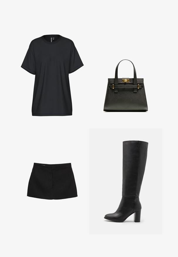 Črn blazer iz gladkega blaga z zapiranjem na en gumb, zarezanimi reverji in dvema sprednjima žepoma. Minimalističen dizajn, krojen pristen fit.; Črna kratka majica s kratkimi rokavi z okroglim izrezom, izdelana iz mehke tkanine. Ima sproščen kroj in minimalne šive.; Črna mini krilo s strukturiranim pasom, gladko teksturo in ravno silhueto. Ima brez vidnih žepov ali okrasnih elementov.; Črne škornje do kolen iz gladke usnje, z debelim peto in zaobljenim nosom. Minimalističen dizajn brez vidnih dodatkov ali okraskov.; Črna strukturirana toaletna torba z kratkimi ročaji, ki ima zlat zaklep in poudarke. Oblikovanje je strukturirano, s geometrijsko silhueto.