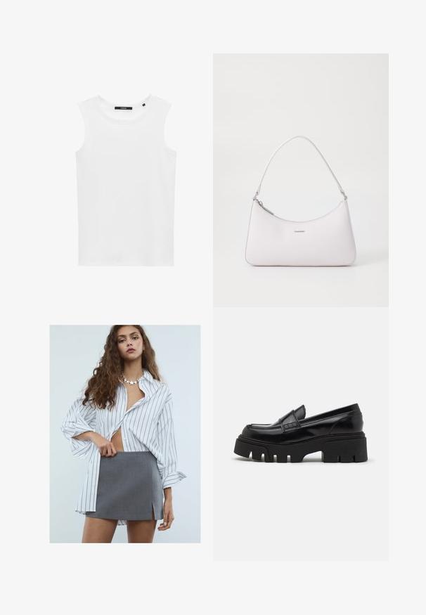 Blazer nero realizzato in tessuto morbido con chiusura a un bottone, revers a punta e due tasche frontali. Design minimalista, vestibilità sartoriale.; Top senza maniche bianco realizzato in un tessuto a coste, con scollatura rotonda e orlo dritto, dotato di una piccola etichetta nera con logo sul collo.; Giovane donna con capelli lunghi e ricci, che indossa una camicia bianca a righe sottili oversize, una mini gonna grigia con spacco frontale e una collana a forma di stella.; Mocassini in pelle nera con suola piatta spessa e texturizzata e una fascia decorativa sulla parte superiore. Finitura liscia e lucida.; Borsa a tracolla in pelle rosa con design curvo, chiusura con zip e dettagli in metallo argentato. Logo minimalista sul davanti.