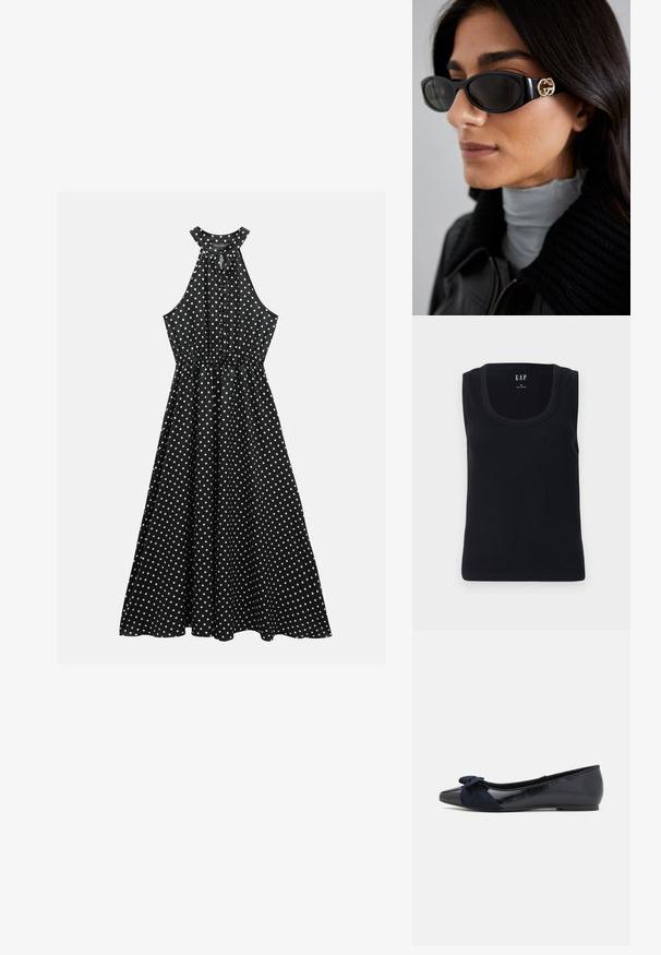 Sacou negru din țesătură fină, cu închidere cu un singur nasture, rever cu colțuri și două buzunare frontale. Design minimalist, croi ajustat.; Top din bumbac negru cu dungi, având decolteu rotund, design fără mâneci și o siluetă ajustată. Eticheta este afișată în centrul de sus.; Rochie neagră cu guler halter, având buline albe, talie strânsă și fustă vaporoasă. Fabricată dintr-un material moale cu o textură netedă.; Balerini bleumarin cu un finisaj lucios din patent și o fundă texturată din suede pe vârf, având vârful rotund și talpa plată.; Ochelari de soare negri, cu un cadru rectangular elegant și un accent cu logo auriu pe lateral. Lentile întunecate și finisaj lucios sunt proeminente.; Geantă de umăr neagră, realizată dintr-un material neted, cu o formă curbată, fermoar auriu și un accent cu logo embosat auriu în partea din față.