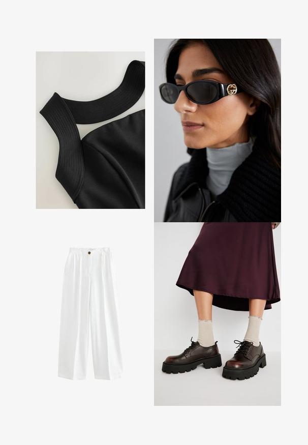 Blazer noir en tissu lisse avec une fermeture à bouton unique, des revers crantés et deux poches avant. Design minimaliste, coupe ajustée.; Haut sans manches noir avec de larges bretelles côtelées et une texture de tissu lisse, présentant des coutures contour pour un design ajusté.; Pantalons larges blancs en tissu léger. Comprend une fermeture à bouton, deux poches latérales et une coupe décontractée.; Chaussures en cuir brun à plateforme avec des semelles épaisses noires, associées à des chaussettes beiges côtelées avec des bords festonnés, sur un fond neutre.; Lunettes de soleil noires avec une monture rectangulaire élégante et un accent logo doré sur le côté. Les verres sombres et la finition brillante sont proéminents.