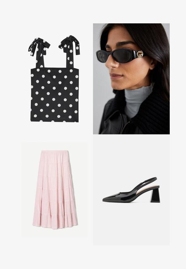 Black blazer made of smooth fabric with a single button closure, notched lapels, and two front pockets. Minimalist design, tailored fit.; Black sleeveless top with white polka dots, featuring tie straps. Made from smooth fabric with a fitted bodice and a straight hem.; Light pink, tiered maxi skirt made of a textured, lightweight fabric. Elastic waistband and flowing hem with ruffled accents.; Black patent slingback heels with a pointed toe, featuring a unique geometric block heel and a smooth texture. Adjustable strap for support.; Black sunglasses featuring a sleek rectangular frame with a gold logo accent on the side. Dark lenses and glossy finish are prominent.; Cream-colored, soft faux leather bag with gathered design, adjustable strap, and subtle drawstring closure. Smooth texture and rounded shape.