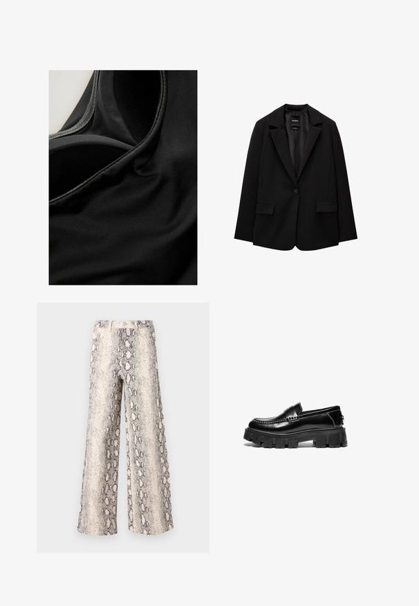 Sacou negru din țesătură fină, cu închidere cu un singur nasture, rever cu colțuri și două buzunare frontale. Design minimalist, croi ajustat.; Țesătură neagră cu o textură netedă și o ușoară strălucire, care prezintă cusături și pliuri, sugerând un material elastic, posibil pentru îmbrăcăminte sport.; Pantaloni largi cu un model de imprimeu șarpe, având o paletă de culori crem și gri, confecționați dintr-un material texturat cu un design cu talie înaltă.; Mocasiini negri din piele cu talpă din cauciuc masiv, cu o curea decorativă pe partea superioară și cusături albe în contrast. Textură netedă cu vârf rotunjit.