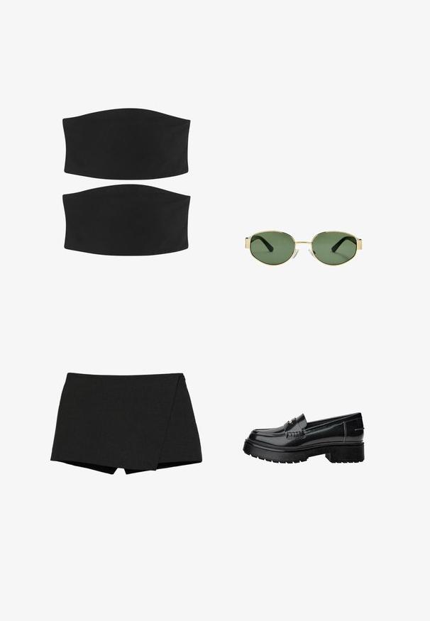 Čierny blejzer vyrobený z hladkej tkaniny s jedným gombíkom, klapkovými nohavicami a dvomi prednými vreckami. Minimalistický dizajn, strih na mieru.; Dva čierne textilné čelenky s bezšvovým, hladkým povrchom a zakriveným dizajnom, vhodné pre rôzne účesy a aktivity.; Čierne, ľahké šortky s prekrývacími časťami. Majú hladkú textúru a čisté okraje. Priamy lem a žiadne viditeľné zapínanie.; Čierne lakované kožené mokasíny s robustnou podrážkou, ozdobným pásikom a jemným prešívaním. Gumený povrch na spodnej časti.; Slnko zlatohnedých kovových rámových okuliarov s zelenými tónovanými sklami, oválnym tvarom, čiernymi stranami a priehľadnými nosnými podložkami. Čistý, minimalistický dizajn.; Čierna štruktúrovaná kabelka z kože s horným uchom, odnímateľným ramenným popruhom a predným uzáverom. Akcenty v zlatej farbe.