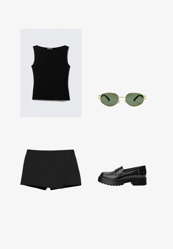 Czarna marynarka wykonana z gładkiego materiału, z pojedynczym zapięciem na guzik, wykrojonymi klapami i dwoma przednimi kieszeniami. Minimalistyczny design, dopasowany krój.; Czarny top bez rękawów z okrągłym dekoltem, wykonany z gładkiego, elastycznego materiału. Posiada dopasowaną sylwetkę i prosty, minimalistyczny design.; Czarne, lekkie szorty o kroju zapinanym. Posiadają gładką teksturę i starannie wykończone krawędzie. Prosty dół i brak widocznych zapięć.; Czarne lakierowane loafersy z grubą podeszwą, z dekoracyjnym paskiem i subtelnymi detalami szycia. Gumowa tekstura na podeszwie.; Złote okulary przeciwsłoneczne w metalowej oprawie z zielonymi soczewkami, o owalnym kształcie, czarnymi zausznikami i przezroczystymi noskami. Czysty, minimalistyczny design.