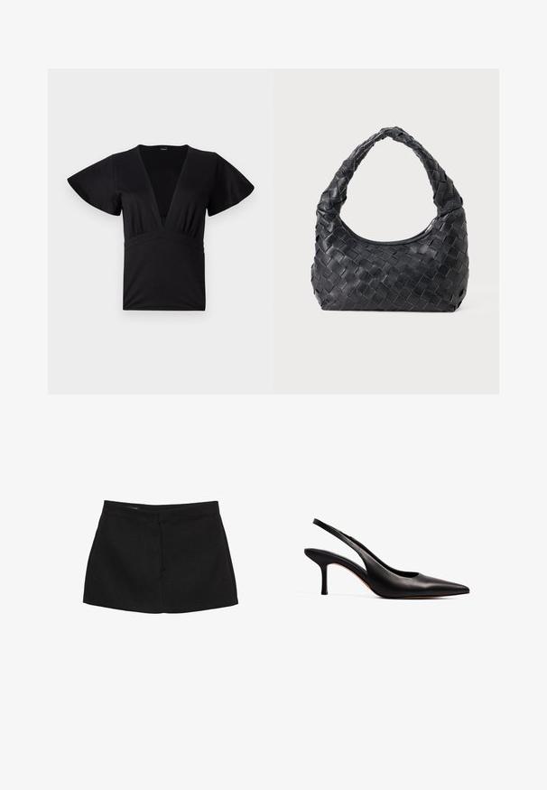 Svart blazer i slätt tyg med enknappsstängning, spetsig krage och två framfickor. Minimalistisk design, skräddarsydd passform.; Svart kortärmad topp gjord av mjukt tyg, med en djup V-ringning och en högt placerad midja med samlade detaljer. Slät yta, avspänd passform.; Svart minikjol med en strukturerad midja, slät yta och rak siluett. Har inga synliga fickor eller dekorationer.; NA-KD Pumps - black; Svart lädervävd axelväska med ett rundat handtag och en halvmåneformad kropp mot en plain bakgrund.