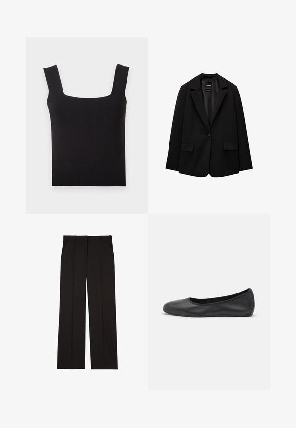 Črn blazer iz gladkega blaga z zapiranjem na en gumb, zarezanimi reverji in dvema sprednjima žepoma. Minimalističen dizajn, krojen pristen fit.; Črn top s kvadratnim izrezom, izdelan iz gladkega materiala. Ima široke naramnice in prilegajoč silhueto s čistim robom. Brez vidnih vzorcev.; Črne krojene hlače iz gladkega materiala, s straight-leg obliko in dvema stranskima žepoma. Elegantna in minimalistična zasnova.; Črne usnjene balerinke z zaobljenim nosom, gladko teksturo, minimalnimi šivi in fleksibilno zasnovo podplata.