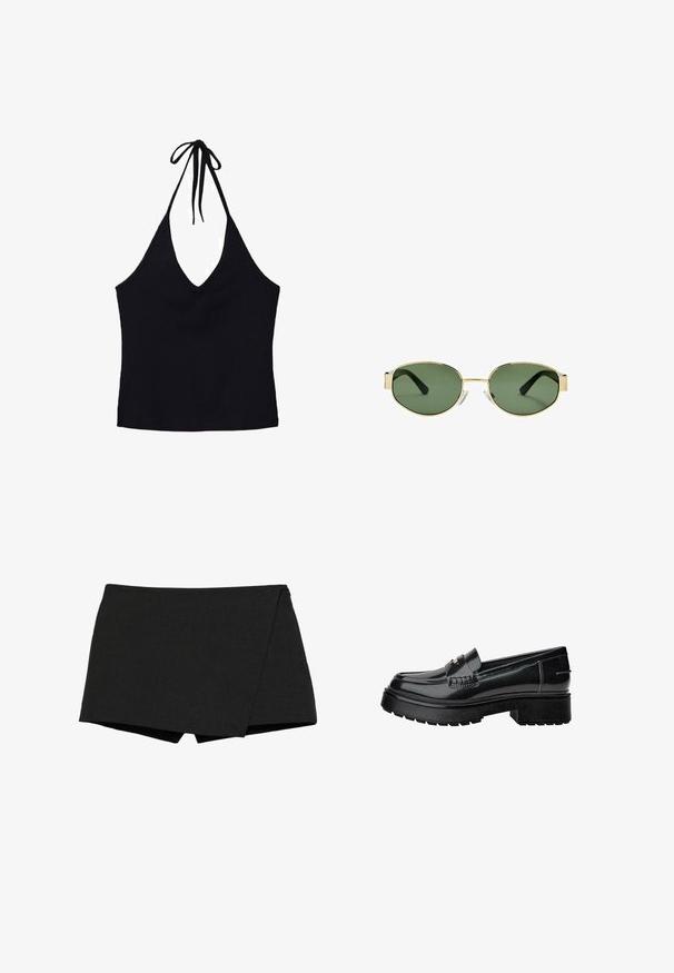 Sort blazer lavet af glat stof med enkelt knaplukning, klaplapper og to frontlommer. Minimalistisk design, skræddersyet pasform.; Sort halterneck-top lavet af ribbet stof, med en dyb V-udskæring og justerbar snøring i nakken. Tætsiddende silhuet uden yderligere detaljer.; Sorte, letvægts shorts med indpakningsdesign. Har en glat overflade og skarpe kanter. Lige kant og ingen synlige lukninger.; Sorte patenterede lædersko med en robust sål, der har en dekorativ rem og diskrete syninger. Gummitekstur på ydersålen.; Solfarvede solbriller med guldmetalramme, grønne linser, oval form, sorte stænger og klare næsepuder. Rent, minimalistisk design.