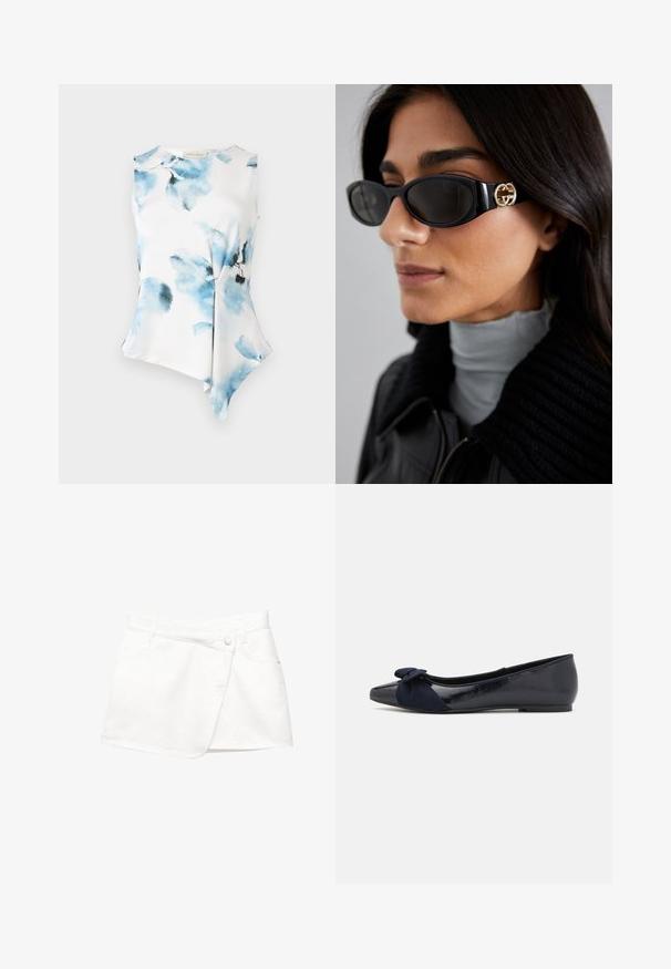 Svart blazer i slätt tyg med enknappsstängning, spetsig krage och två framfickor. Minimalistisk design, skräddarsydd passform.; Ärmelblus utan ärmar med en asymmetrisk fåll, tillverkad av ett mjukt, lätt tyg. Har ett akvarellblommönster i blå nyanser på en vit bakgrund.; Vit denim minikjol med omslagsdesign, som har en frontknäppning, två sidfickor och ett slätt texturerat tyg.; Marina balletskor med en glänsande lackfinish och en texturerad mockabåge på tån, med rundad tå och platt sula.; Svarta solglasögon med en elegant rektangulär ram och en guldfärgad logotypaccent på sidan. Mörka linser och en blank yta är framträdande.; Svart axelväska i slät material med en böjd form, gulddragkedja och en guldpräglad logotypdetalj på framsidan.