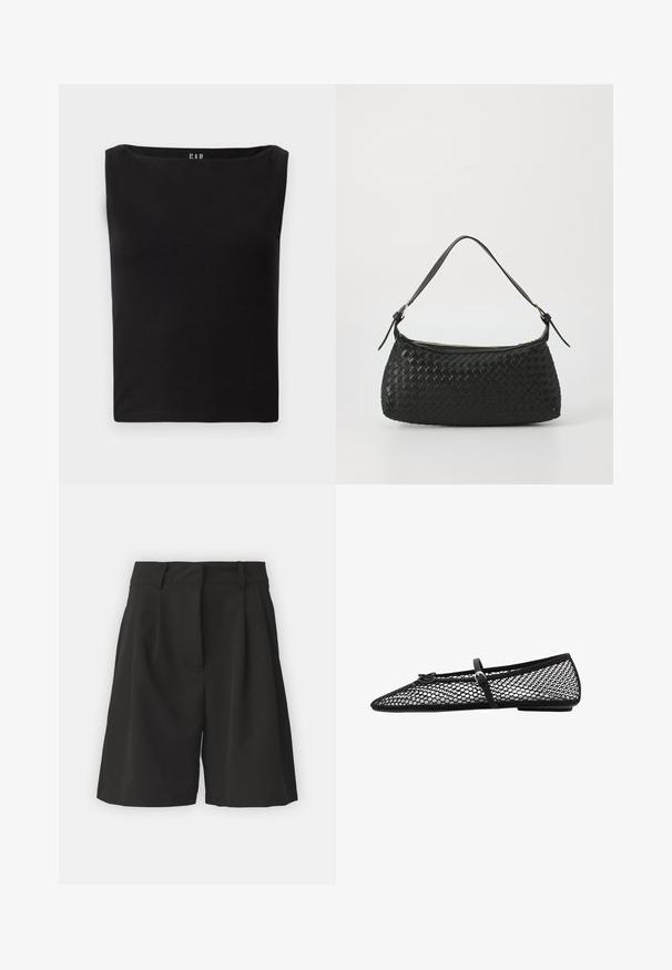 Svart blazer i slätt tyg med enknappsstängning, spetsig krage och två framfickor. Minimalistisk design, skräddarsydd passform.; Svart figurnära topp med fyrkantig halsringning, tillverkad av mjukt bomullsmaterial, utan extra mönster eller accentuerande detaljer. Enkel och ren design.; Svarta shorts med skräddarsydd design, med veck framtill, bred midja och en slät yta. Inga synliga fickor.; Svart nätballerina med spetsig tå, dekorativ rem och subtil accent. Har en öppen nätdesign och platt sula.; Svart vävd axelväska med ett slätt läderhandtag och dragkedjestängning. Har en strukturerad yta och en böjd form.