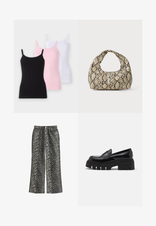 Czarna marynarka wykonana z gładkiego materiału, z pojedynczym zapięciem na guzik, wykrojonymi klapami i dwoma przednimi kieszeniami. Minimalistyczny design, dopasowany krój.; Trzy kamizelki w kolorze czarnym, różowym i białym, z cienkimi ramiączkami, dopasowanym krojem i miękką teksturą materiału.; Spodnie szerokie w panterkę wykonane z miękkiego materiału, z wysokim stanem, pięcioma kieszeniami i metalowym zapięciem.; Czarne skórzane mokasyny z masywną, teksturowaną podeszwą oraz dekoracyjnym paskiem na górze. Gładkie, błyszczące wykończenie.; Torebka w wężowy wzór z zakrzywionym uchwytem. Wykonana z teksturowanych, beżowych i brązowych materiałów, z charakterystycznym wzorem w diamenty.