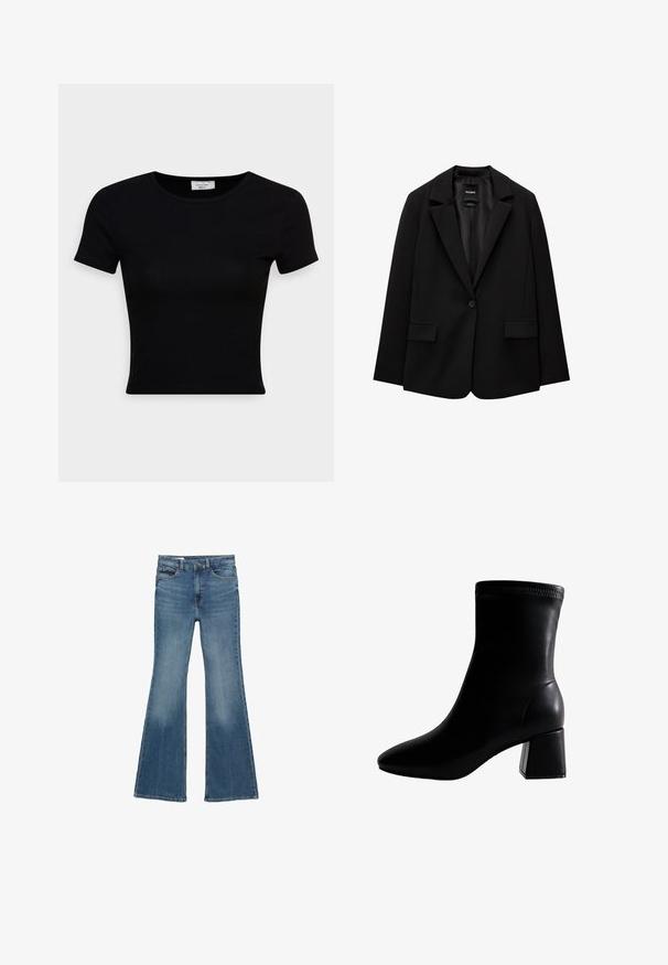 Zwarte blazer van gladde stof met een enkele knoopsluiting, notch-lapels en twee voorzakken. Minimalistisch ontwerp, getailleerde pasvorm.; Zwarte korte mouwen t-shirt van gladde katoenstof, met een ronde hals en een getailleerd ontwerp. Minimalistisch zonder zichtbare patronen.; Uitgebreide jeans in middelblauw denim. Heeft een hoge taille, vijf zakken, lichte vervaging en een gestikte zoom.; Zwarte leren enkelboot met een spitse neus, textuur bovenkant en een robuuste vierkante hak. Gladde afwerking met stiksels aan de bovenkant.