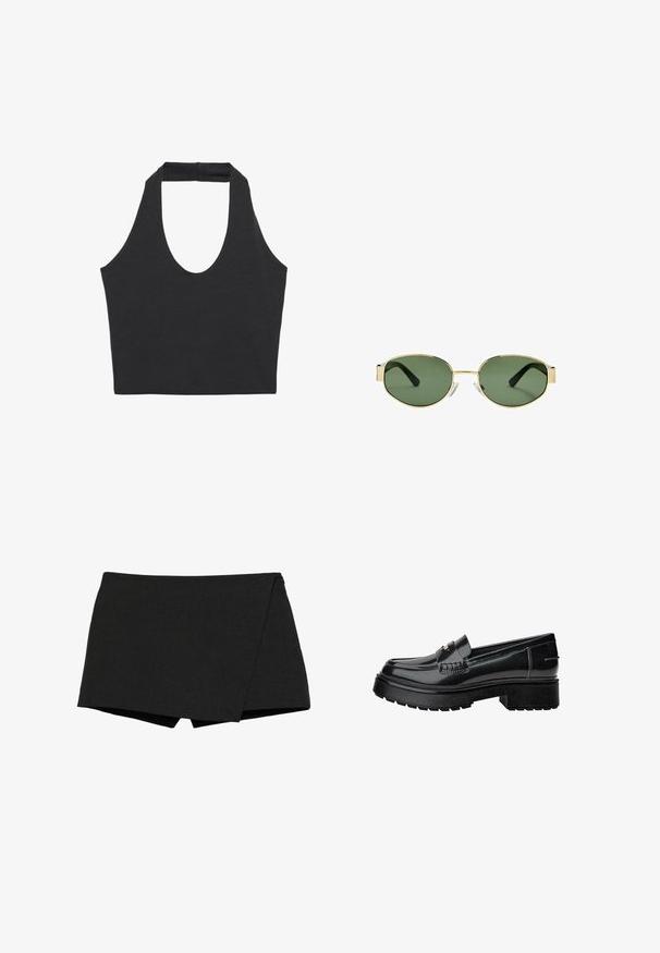 Černý blazer vyrobený z hladké tkaniny s jednotlivým knoflíkovým zapínáním, klopovými límci a dvěma předními kapsami. Minimalistický design, perfektní střih.; Černý bezrukávový top s širokým kulatým výstřihem a strukturovaným popruhem na zádech. Vyrobeno z měkké, elastické tkaniny. Klasický, minimalistický design.; Černé, lehké šortky s obálkovým designem. Disponují hladkým povrchem a čistými okraji. Rovný lem a žádné viditelné zapínání.; Černé lakované kožené mokasíny s masivní podrážkou, zdobené páskem a jemným švem. Gumová textura na podrážce.; Sluneční brýle s metalickým zlatým rámem, zelenými skly, oválného tvaru, s černými stranicemi a průhlednými nosními podložkami. Čistý, minimalistický design.