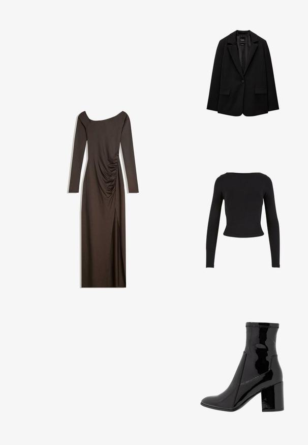 Schwarzer Blazer aus glattem Stoff mit einem Knopfverschluss, abgesetztem Revers und zwei vorderen Taschen. Minimalistisches Design, taillierte Passform.; Schwarzes, langärmliges Crop-Top aus weichem, dehnbarem Material mit einem schlichten, figurbetonten Design und einem weiten Ausschnitt. Keine Muster oder Verzierungen.; Braunes langärmliges Kleid mit schulterfreier Halslinie und Raffung auf einer Seite. Verfügt über einen Seitenschlitz für zusätzliche Beweglichkeit. Glattes Material.; Schwarze, lackierte Knöchelstiefel mit glatter Textur, spitzem Zeh und strukturiertem Blockabsatz. Verfügt über ein reißverschlussfreies Design und kontrastierende Nähte.; Bordeauxfarbene Ledertasche mit geschwungener Form, einem einzigen Schulterriemen und gesteppten Details in der Mitte. Glatte Textur, minimales Zubehör.