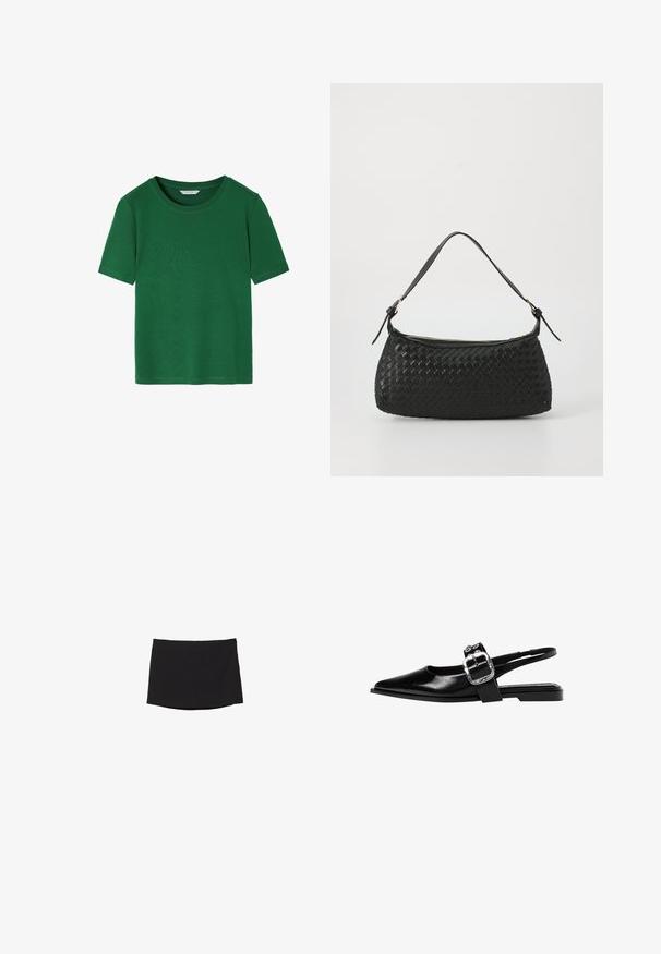 Sort blazer lavet af glat stof med enkelt knaplukning, klaplapper og to frontlommer. Minimalistisk design, skræddersyet pasform.; Grøn kortærmet t-shirt lavet af blødt stof. Har en rund halsudskæring og en afslappet pasform med rene kanter. Ingen mønstre eller accenter.; Sort miniskørt lavet af glat, strækbart stof; har et lige snit med en subtil kant og ingen synlige lukkemekanismer eller mønstre.; Sort læderslingback-sko med spids tå, bred strap med en sølvspænde og en lav firkantet hæl. Glat tekstur, minimalistisk design.; Sort vævet skuldertaske med en glat læderrem og lynlåslukning. Har en tekstureret overflade og en buet form.