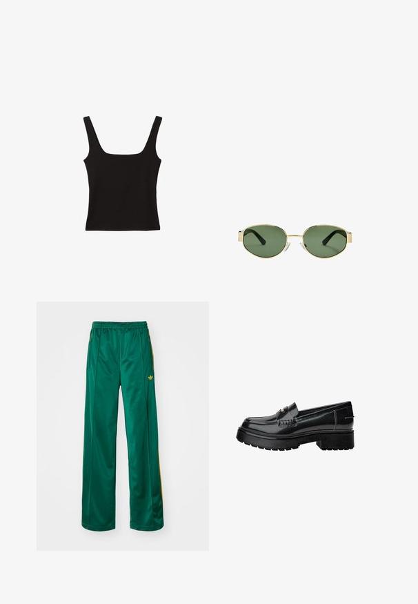 Zwarte blazer van gladde stof met een enkele knoopsluiting, notch-lapels en twee voorzakken. Minimalistisch ontwerp, getailleerde pasvorm.; Zwarte tanktop met een vierkante halslijn, gemaakt van gladde katoen, met brede schouderbanden en een strakke pasvorm.; Groene satijnen sportbroek met een relaxte pasvorm, voorzien van gele streepaccenten en een geborduurd logo aan de linkerzijde. Elastische tailleband.; Zwarte gepatineerde leren instappers met een chunky zool, voorzien van een decoratieve band en subtiele stikseldetails. Rubberstructuur op de buitenzool.; Gouden metalen montuur zonnebril met groene getinte lenzen, ovale vorm, zwarte pootjes en doorzichtige neuspads. Strak, minimalistisch ontwerp.; Zwarte leren hobo tas met een slouchy ontwerp, brede schouderband en een gladde textuur. Heeft een enkele ritssluiting aan de zijkant.