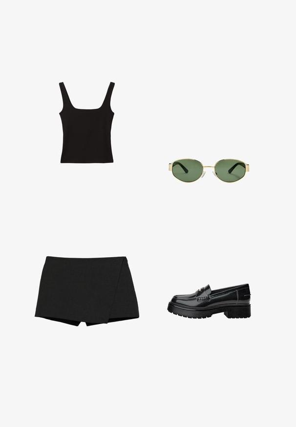 Czarna marynarka wykonana z gładkiego materiału, z pojedynczym zapięciem na guzik, wykrojonymi klapami i dwoma przednimi kieszeniami. Minimalistyczny design, dopasowany krój.; Czarny top na ram straps z kwadratowym dekoltem, wykonany z gładkiej bawełny, z grubymi ramiączkami i dopasowanym krojem.; Czarne, lekkie szorty o kroju zapinanym. Posiadają gładką teksturę i starannie wykończone krawędzie. Prosty dół i brak widocznych zapięć.; Czarne lakierowane loafersy z grubą podeszwą, z dekoracyjnym paskiem i subtelnymi detalami szycia. Gumowa tekstura na podeszwie.; Złote okulary przeciwsłoneczne w metalowej oprawie z zielonymi soczewkami, o owalnym kształcie, czarnymi zausznikami i przezroczystymi noskami. Czysty, minimalistyczny design.