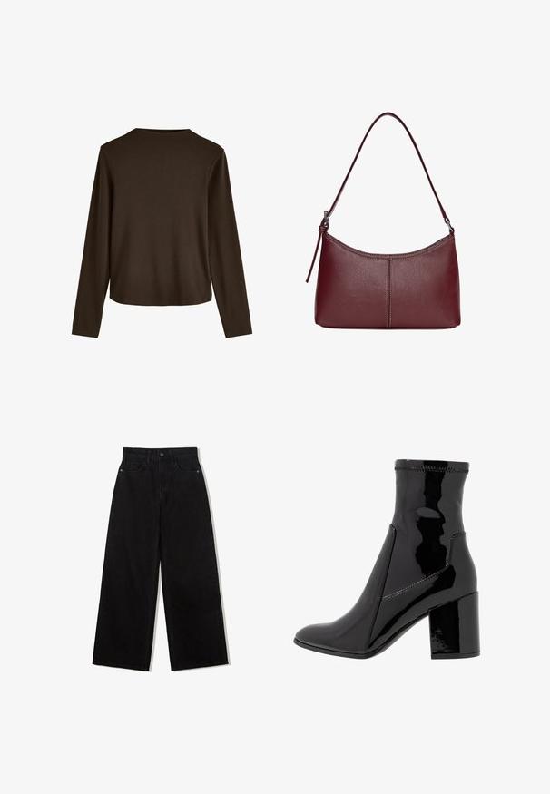 Černý blazer vyrobený z hladké tkaniny s jednotlivým knoflíkovým zapínáním, klopovými límci a dvěma předními kapsami. Minimalistický design, perfektní střih.; Hnědý dlouhý rukáv top s kulatým výstřihem a volným střihem, vyrobený z měkké bavlny s jednoduchou texturou.; Černé džínové kalhoty s širokými nohavicemi a vysokým pasem, s pěti kapsami a jedním knoflíkem na přední straně.; Černé lakované kotníkové boty s hladkým povrchem, špičatou špičkou a strukturovaným blokovým podpatkem. Obsahují design bez zipu a kontrastní švy.; Vínová kožená kabelka s zakřiveným tvarem, jediným ramenním popruhem a prošíváním ve středu. Hladký povrch, minimální kovové prvky.