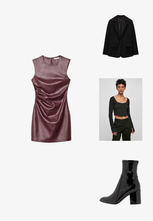 Schwarzer Blazer aus glattem Stoff mit einem Knopfverschluss, abgesetztem Revers und zwei vorderen Taschen. Minimalistisches Design, taillierte Passform.; Schwarzes, kurzes Langarmshirt mit quadratischem Ausschnitt und taillierter Passform. Der Stoff ist glatt, und die Ärmel sind am Ende leicht ausgestellt.; Burgunderfarbenes, ärmelloses Kleid aus Leder mit Rundhalsausschnitt, drapierter Textur und Reißverschluss auf der Rückseite. Glatte Oberfläche mit dezentem Glanz.; Schwarze, lackierte Knöchelstiefel mit glatter Textur, spitzem Zeh und strukturiertem Blockabsatz. Verfügt über ein reißverschlussfreies Design und kontrastierende Nähte.; Bordeauxfarbene Ledertasche mit geschwungener Form, einem einzigen Schulterriemen und gesteppten Details in der Mitte. Glatte Textur, minimales Zubehör.