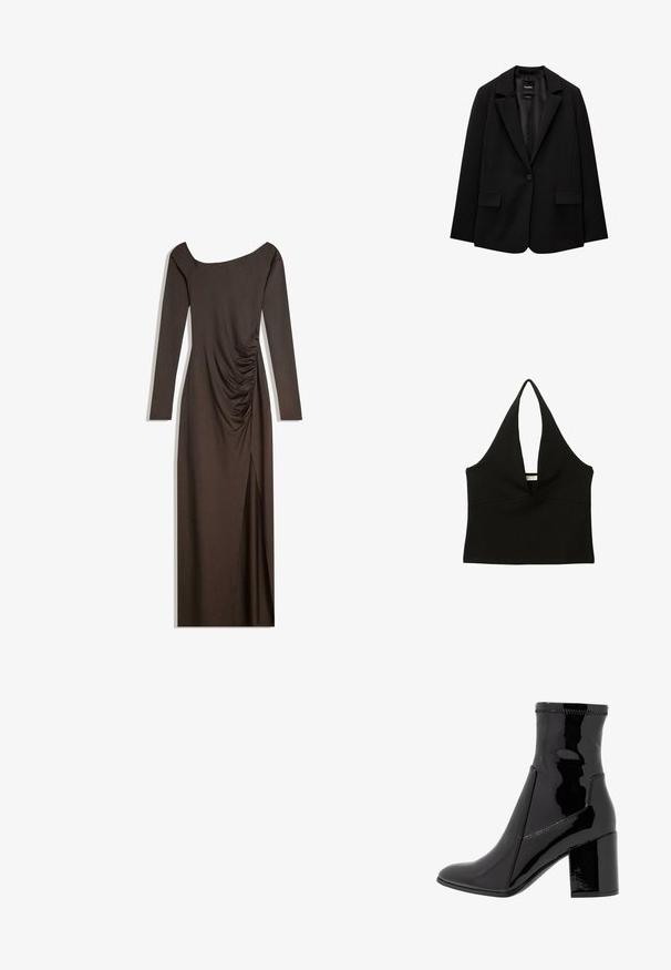 Sort blazer lavet af glat stof med enkelt knaplukning, klaplapper og to frontlommer. Minimalistisk design, skræddersyet pasform.; Sort haltertop med en dyb V-udskæring. Lavet af glat stof, har den en tætsiddende silhuet og en ren kant. Ingen hardware eller detaljer.; Brun langærmet kjole med off-shoulder halsudskæring og rynke detaljer på den ene side. Har en slids i siden for ekstra bevægelse. Glat stof.; Sorte patent ankelstøvler med en glat overflade, spidse tå og en struktureret blokhæl. Uden lynlås og med kontrasterende syninger.; Kastanjebrun læderhåndtaske med en buet form, en enkelt skulderrem og syninger i midten. Glat tekstur, minimal hardware.