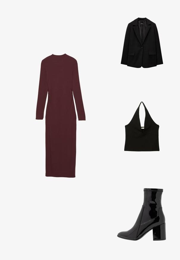 Crna jakna od glatkog materijala s jednom dugmadi, s urezanim reverima i dva prednja džepa. Minimalistički dizajn, kroj prilagođen figuri.; Crni halter top s dubokim V-izrezom. Izrađen od gladkog materijala, ima usku siluetu i čistu obrubu. Bez dodataka ili ukrasa.; Mauve haljina dugih rukava s pripijenim oblikom i nabranim detaljima sa strane. Izrađena od rastezljivog materijala, doseže dužinu do sredine tele.; Crne lakirane gležnjače sa glatkom teksturom, šiljastim prstom i strukturiranim blok potpeticama. Posjeduje dizajn bez zatvarača i kontrastno šivenje.; Bordo kožna torba s zakrivljenim oblikom, jednim remenom za rame i šivenim detaljima na sredini. Glatka tekstura, minimalni dodaci.