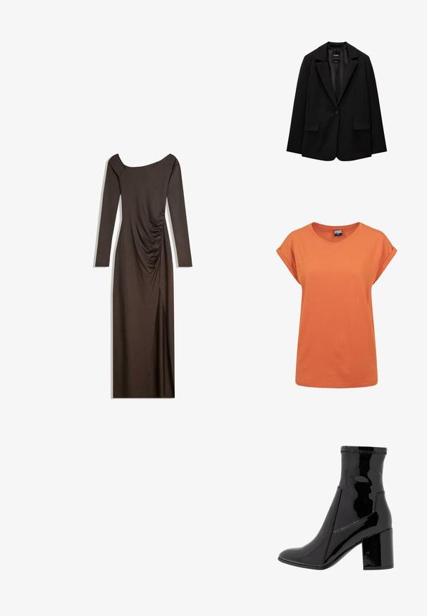 Sacou negru din țesătură fină, cu închidere cu un singur nasture, rever cu colțuri și două buzunare frontale. Design minimalist, croi ajustat.; T-shirt din bumbac portocalie, cu o croială lejeră, guler rotund și mâneci scurte, rulate. Design simplu, fără modele sau accente vizibile.; Rochie lungă maro cu mâneci lungi, decolteu off-shoulder și detaliu drapat pe o parte. Prezintă o fante laterală pentru un plus de mișcare. Țesătură fină.; Botine negre din patent, cu o textură netedă, vârf ascuțit și un toc bloc structurat. Prezintă un design fără fermoar și cusături contrastante.; Geantă din piele bordo cu o formă curbată, un singur mânere pentru umăr și detalii cusute în centru. Textură netedă, hardware minim.