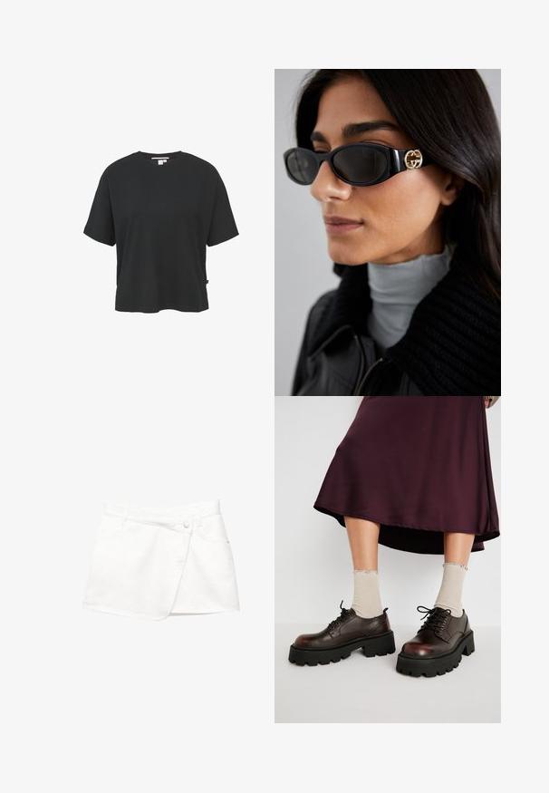 Schwarzer Blazer aus glattem Stoff mit einem Knopfverschluss, abgesetztem Revers und zwei vorderen Taschen. Minimalistisches Design, taillierte Passform.; Schwarzes Oversize-T-Shirt aus strukturiertem Stoff. Mit kurzen Ärmeln und Rundhalsausschnitt. Einfaches Design ohne auffällige Verzierungen.; Weißer Denim-Minirock mit Wickeldesign, ausgestattet mit einem Knopfverschluss vorne, zwei Seitentaschen und einem glatten, texturierten Stoff.; Braune Leder-Plateauschuhe mit klobigen schwarzen Sohlen, kombiniert mit gerippten beigen Socken mit gewellten Kanten, vor einem gedämpften Hintergrund.; Schwarze Sonnenbrille mit einem schlanken rechteckigen Rahmen und einem goldenen Logo-Akzent an der Seite. Dunkle Gläser und glänzende Oberfläche sind auffällig.