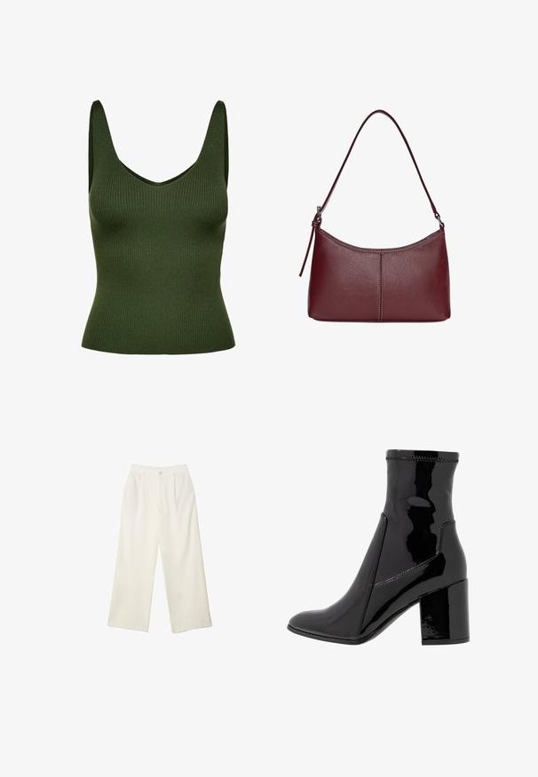 Črn blazer iz gladkega blaga z zapiranjem na en gumb, zarezanimi reverji in dvema sprednjima žepoma. Minimalističen dizajn, krojen pristen fit.; Ženski zeleni top s hrbtnimi rebrami, z V-izrezom in širokimi naramnicami. Narejen iz teksturiranega materiala, ima prilegajoč silhueto in brezšivno konstrukcijo.; Hlače širokih nogavic iz kremaste tkanine z gladko teksturo, z enim sprednjim gumbom, diskretnimi plisami in visokim pasom.; Črne lakaste gležnjarje z gladko teksturo, koničastim nosom in strukturiranim blokastim peto. Imajo zasnovo brez zadrge in kontrastno šivanje.; Bordo usnjeni ročni torbici s ukrivljeno obliko, enim ramenskim trakom in šivanjem na sredini. Gladka tekstura, minimum kovinskih dodatkov.