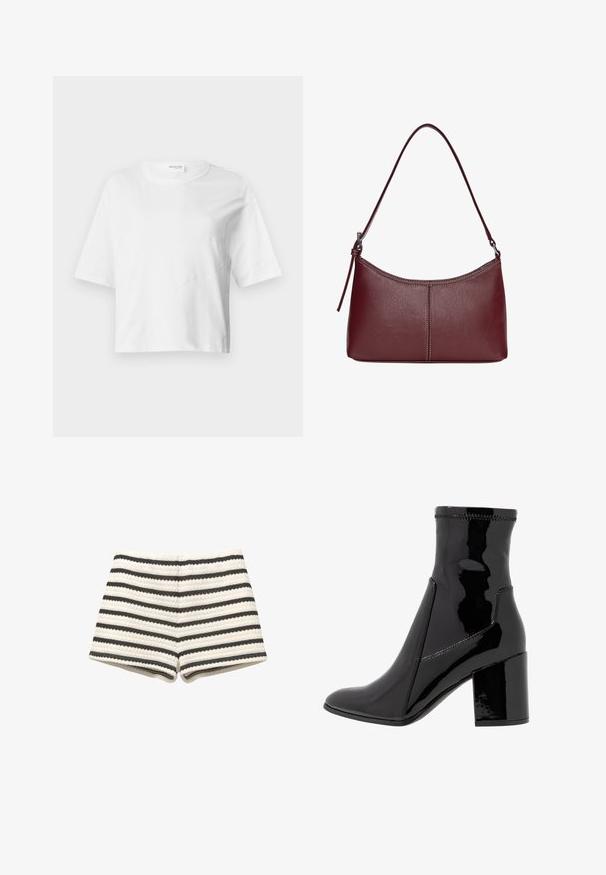 Black blazer made of smooth fabric with a single button closure, notched lapels, and two front pockets. Minimalist design, tailored fit.; White cropped t-shirt made of soft fabric featuring short sleeves, a round neckline, and wavy seam details for texture.; Striped shorts in light beige and dark gray, featuring a textured weave and a fitted design. Trimmed at the hem with matching fabric.; Black patent ankle boot with a smooth texture, pointed toe, and a structured block heel. Features a zip-free design and contrasting stitching.; Maroon leather handbag with a curved shape, a single shoulder strap, and stitched detailing at the center. Smooth texture, minimal hardware.