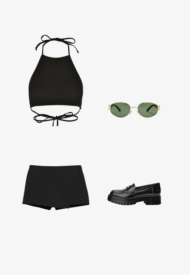 Črn blazer iz gladkega blaga z zapiranjem na en gumb, zarezanimi reverji in dvema sprednjima žepoma. Minimalističen dizajn, krojen pristen fit.; Črn bikinast doprsni del v halter slogu, izdelan iz rebraste tkanine; ima nastavljive vezalke na vratu in izrezan hrbet z vezanim detajlom.; Črne, lahke hlače s prekrivajočim dizajnom. Imajo gladko teksturo in čiste robove. Ravno pas in brez vidnih zakovic.; Črne patent usnjene mokasine z debelim podplatom, opremljene z okrasnim pasom in subtilnimi šivi. Gumijasta tekstura na zunanjem podplatu.; Očala z zlatim kovinskim okvirjem, zelenimi lečami, ovalne oblike, črnimi uhani in prozornimi nosnimi blazinicami. Čist, minimalističen dizajn.