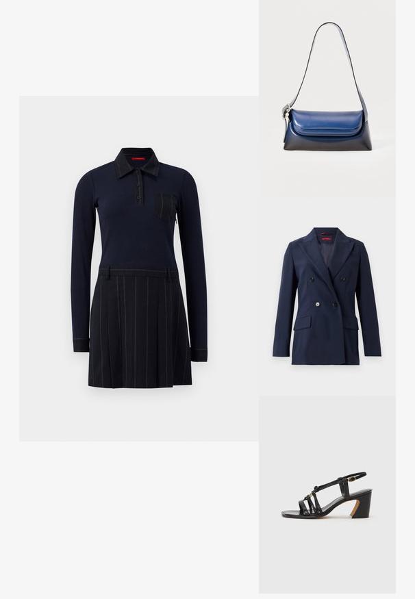 Sötétkék, kétsoros zakó sima anyagból, két elülső zsebbel és fekete gombokkal, strukturált, szabott kialakítással.; Tengerészeti pólókős ruha hosszú ujjakkal, bordázott textúrával, gombos záródással és mellzsebbel; szoknya függőleges csíkokkal és redőkkel rendelkezik.; Paul Smith AMIRA - Klasszikus sarkú cipők - black; Sötétkék bőr kézitáska sima felülettel, lekerekített formával, hajtott tetejével és egyetlen vállpánttal. Ezüst színű kiegészítőkkel.