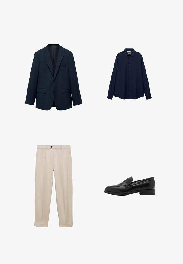 Marineblazer van zachte stof, voorzien van een notch-revers, twee voorzakken, sluiting met één knoop en een klassieke, getailleerde pasvorm.; Navyblauw button-up overhemd met een kraag, lange mouwen en een rechte zoom. Beschikt over een gladde textuur en vijf knopen aan de voorkant.; Beige broek met een gladde textuur, voorzien van een enkele knoopsluiting, zijzakken en opgerolde manchetten voor een gepolijste uitstraling.; Zwarte leren instappers met een gestikte voorkant en een platte hak. Glad van textuur met een ronde neus en een decoratieve band over de wreef.