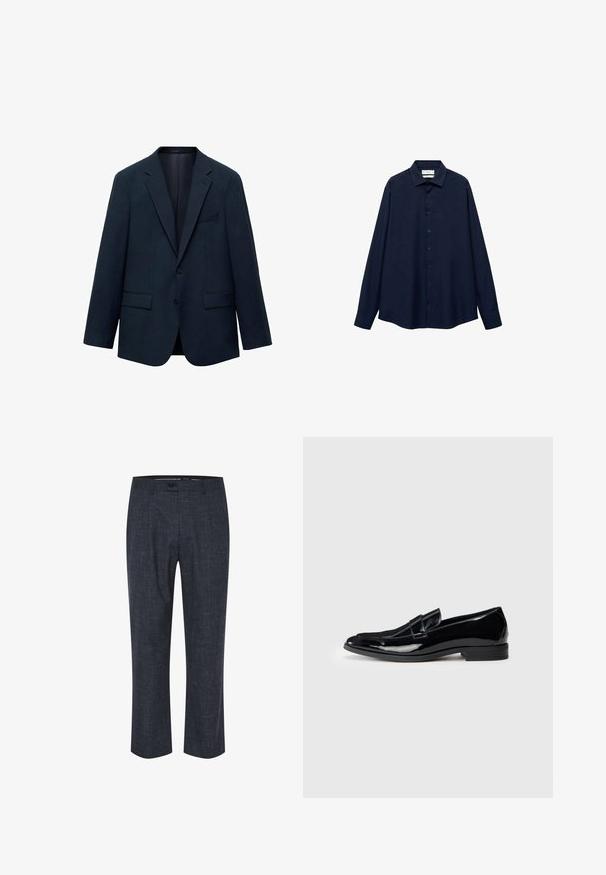 Mornarsko modra blazer jacket iz gladkega blaga, z ovratnikom z zarezo, dvema sprednjima žeparjema, zapiranjem na en gumb in klasičnim prilegajočim krojem.; Mornarji modra srajca z gumbi, s ovratnikom, dolgimi rokavi in ravnim robom. Ima gladko teksturo in pet sprednjih gumbov.; Modri hlače iz teksturirane tkanine, s prednjo ravno zasnovo, zapenjanjem na gumb in ravnimi nogami z diskretnimi, svetlo obarvanimi motivi.; Črne lakirane usnjene loafer čevlje s elegantnim dizajnom, okroglo močjo in šivanim detajlom čez zgornji del. Nizka peta in gladka tekstura.