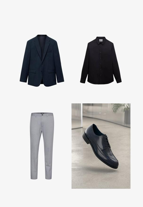 Granatowa marynarka wykonana z gładkiego materiału, z klapami w kształcie notcha, dwoma przednimi kieszeniami, zapinana na pojedynczy guzik oraz o klasycznym dopasowanym kroju.; Czarna koszula z długim rękawem, z klasycznym kołnierzykiem, z zapięciem na guziki z przodu oraz gładkiego, lekkiego materiału. Brak widocznych wzorów lub akcentów.; Szare spodnie w wzory wykonane z tkaniny o gładkiej teksturze. Zawierają zapięcie na guzik oraz zwężany krój nogawki.; Lśniący czarny skórzany but na obcasie z sznurówkami, unoszący się nad gładką, jasnoszarym podłogą oraz pionowymi metalowymi prętami w tle.