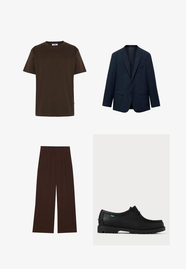 Marineblazer lavet af glat stof, med en notch-lapel, to frontlommer, enkeltknaplukning og en klassisk skræddersyet pasform.; Minimum AARHUS - T-shirts basic - 1914 seal brown; Brune bredbenede bukser med plisseringer. Lavet af et glat stof, der har en skræddersyet talje og sidelommer. Flad kant nederst.; Sort lædersko med lav profil, rund tå og struktureret sål. Har et grønt "POLO" mærke og kontraststing langs kanten.